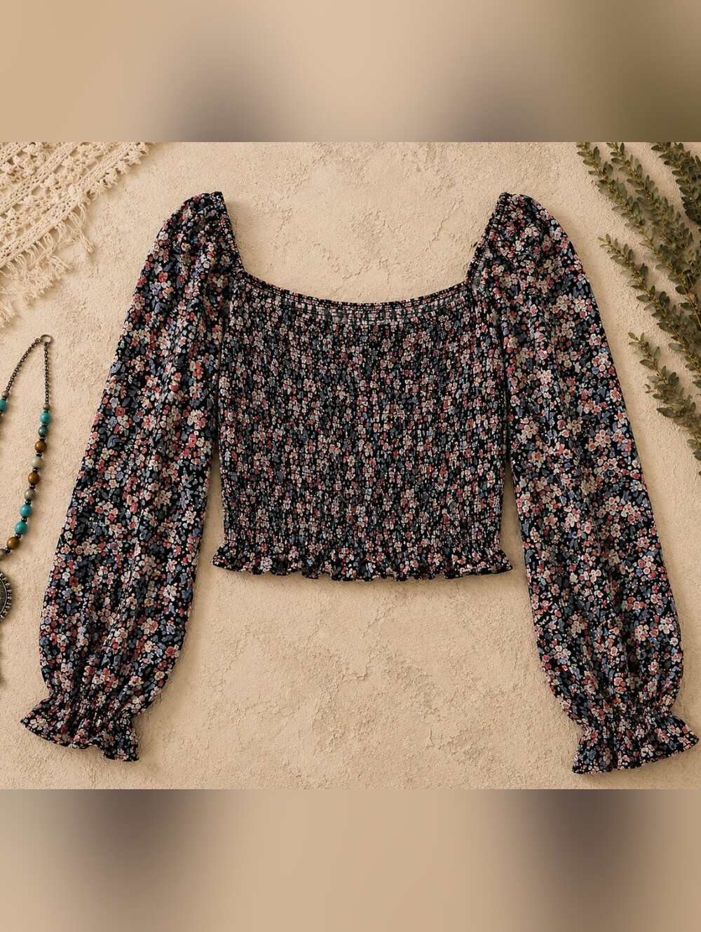 Dynamite Black Floral Smocked Long-Sleeve Crop Top